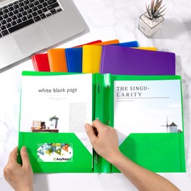 Folder with Two Pockets, Pack of 6 A4 Portfolio Folders, Plastic Corner Binder Folder, File Folder with Prong Fasteners for Office, School, Travel