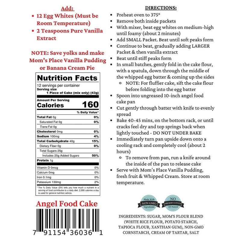 Mom's Gluten Free Angel Food Cake Mix,1-Pack, Easy to Make,