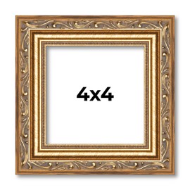 Poster Palooza 4x4 Frame Gold Ornate Solid Wood Picture Frame | 1.25 Inch Moulding Width | with UV Acrylic Plexiglass, Foam Board Backing & Hanging Hardware Included