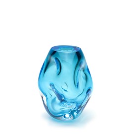 Murano-Style Small Blue Glass Vase Fusion Hand Blown Art Glass Crystal for Flower, Room Decoration and Centerpiece - Model Low