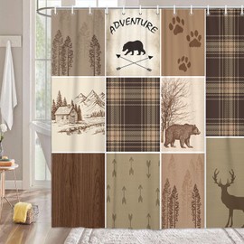 bzwcbei Rustic Cabin Bear Deer Shower Curtain, Country Brown Plaid Shower Curtain Set for Bathroom, Farmhouse Forest Nature Fabric Shower Curtain Restroom Bathtub Decor Accessories with Hooks (48x70)