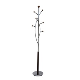 Proman Products Freestanding Modern Metal Coat Rack Tree Stand Organizer with 6 Wooden Hooks for Clothes, Bags, Jackets and Hats
