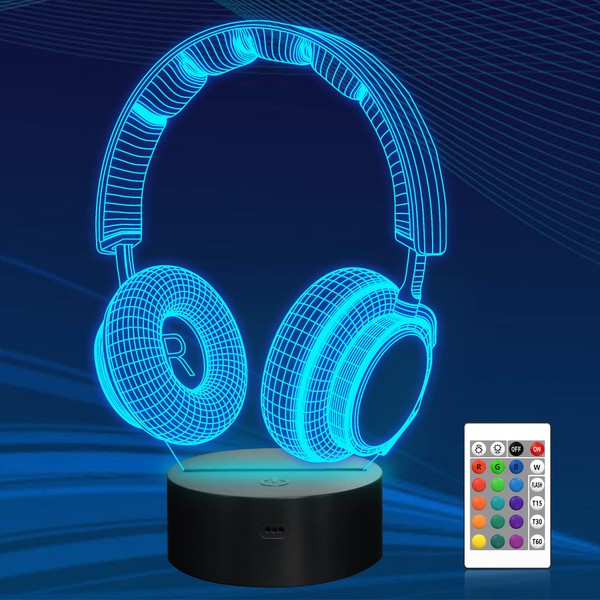 CooPark Headset Creative 3D Night Light, 16 Color Changing with Remote Control USB Power, Game Headphone Optical Illusion Lamp Unique Room Decor for Teen Boy Men