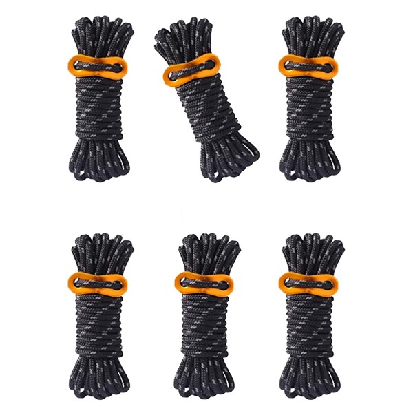 OKTOKYU Tent Rope, Guy Rope, Paracord Rope, Guy Line, Tarp Rope, Reflective, Set of 6, 0.2 x 16.4 ft (4 mm x 4 m), For Camping, Outdoors, Aluminum Camping, Clothesline Included, Includes Storage Bag, Load Capacity 553.3 lbs (260 kg)