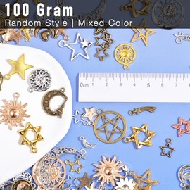 stino 100 Gram Moon Star & Sun Metal Charms for Jewelry Making, Silver & Gold, Bulk Pack Celestial Pendant for Bracelets, Necklaces, Crafts (Celestial Mixed Color)