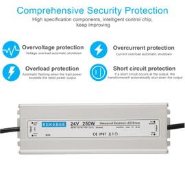 LED Driver 24V250W Waterproof Power Supply AC90-120V to DC24V10.4A Waterproof Low Voltage Transformer Suitable for Indoor and Outdoor LED Light Strips and Any 24V DC High-End Devices
