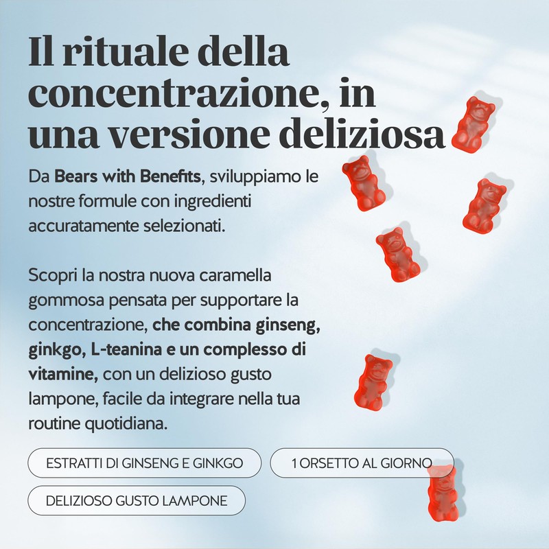 Gummies Concentrazione & Vitalità – Ginseng, Ginkgo, L-Teanina, Vitamine B6,