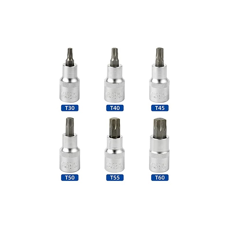 DAKCOS Torx Bit Socket Set, 1/2" Drive, 6 Pieces Star