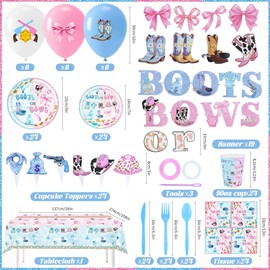 Prdingfy Gender Reveal Decorations Kit for 24 Guests, He or She Baby Shower Party Supplies with Pink Blue Balloons, Plates, Cups, Napkins, Banner & Tablecloth, Neutral Teddy Bear Theme Decor