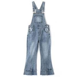 KIDSCOOL SPACE Girls Denim Overalls, 3-D Exposed External Pockets Jean Dungarees Pants,Light Blue,11-12 Years