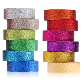 Pofflujent 12 Rolls Glitter Washi Tape Set Christmas Washi Masking Tape Decorative Adhesive Tape for Scrapbooking DIY Crafts Crafters Embellished Journals Planners Cards Gift Wrapping Ribbons Wedding