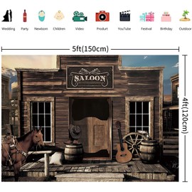 5x4FT Western Cowboy Backdrop Vintage West Saloon Wooden House Barn Door Retro Horse Wheel Country Photography Background Baby Shower Western Birthday Party Decorations Banner Photo Booth Props