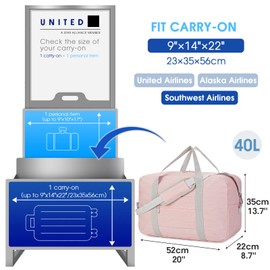 For United Airlines Foldable Carry on Bag 22x14x9 Travel Duffel Bag Packable luggage Duffle for Women and Men 40L (Pink (With Shoulder Strap))