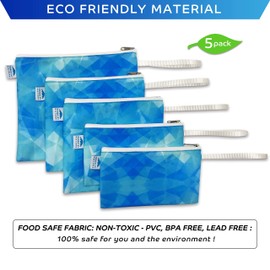 Nordic By Nature Reusable Sandwich Bag Snack Bags - Value Pack of 5 Dual Layer Lunch Baggies - Dishwasher Safe - Eco Friendly Cloth Wraps - Easy Open Zipper (Blue Ice)