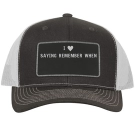 I Heart Love Saying Remember When - Leather Black Patch Engraved Trucker Hat, Grey-White, One Size