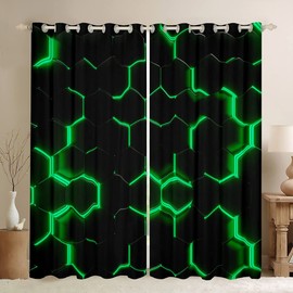 Honeycomb Window Drapes Geometry Hexagon Theme with Green Neon Lights Window Curtains For Bedroom Living Room Boys Man Chic Home Blackout Curtains(30%-50%) Black Window Treatments W46*L54