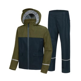 Dekomere Kids Rain Suit Gear Boys Girls Youth Raincoat Jacket and Pants Set Waterproof Breathable Adjustable Hood Flap Pocket
