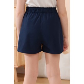 GORLYA - Paquete de 2 pantalones cortos casuales de sarga de lino con cintura elástica y ribete con volantes para niñas de 4 a 14 años, Caqui+azul marino, 12 Años