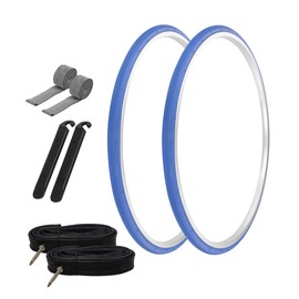 PRO+ Pair of Bike Bicycle TIRE 700 X 25 Blue/Blue SIDEWALL (2) Tires W/Tubes 48MM Presta Valve, Rim Strips & TIRE LEVERS P-1035