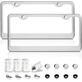 Flamax Mirror Polished Heavy Duty Stainless Steel License Plate Frame with Chrome Screw Caps, 2 Holes Rust-Proof Chrome-Like Finish Stainless Steel License Plate Frames 2 Pack