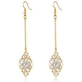 Wire Wrapped Crystal Stone Geometric Dangle Drop Earrings for Charm Women Gift (Rhombus)