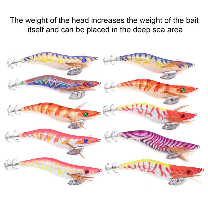10Pcs Hard Bait Squid Jig Fishing Lure Octopus Wooden Shrimp