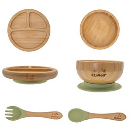 KhaNoor Bamboo Toddler Plate & Bowl Set with Strong Suction – Includes One Plate, One Bowl, Spoon & Fork – Baby Plates with Suction for Baby Led Weaning, Kids Feeding Essentials, Non-Toxic & BPA Free