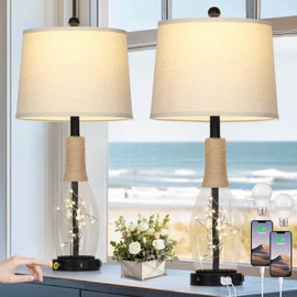 28" Tall Coastal Table Lamps Set of 2, Glass Black Modern Table Lamps with 3-Way Dimmable Touch Control Fairy Lights & Type-C Charging, Beach Nautical Bedside Lamps for Living Room Bedrooms End Table