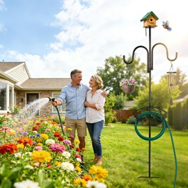 Upgraded Garden Hose Holder, Freestanding Water Hose Holder, Double Shepherds Hooks for Outdoor, Adjustable Hose Stand with 5 Spikes Heavy Duty Metal Bird Feeder Pole for Outside Yard Lawn