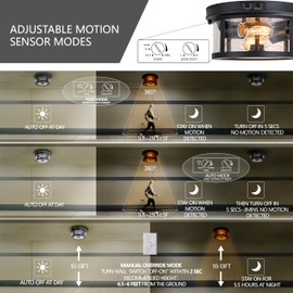 OUPAVOCS Flush Mount Outdoor Ceiling Light with Motion Sensor, Front Porch Light Ceiling Mount, Adjustable Sensor 2-Light Black Ceiling Light Fixture with Clear Glass, for Patio, House