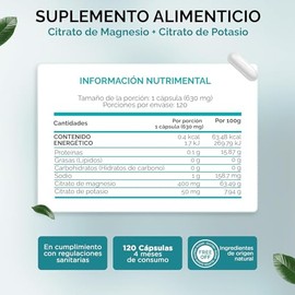 Citrato de Magnesio Puro  120 Capsulas 630 mg  Magnesio enriquecido con Potasio Capsulas  OBY Magnesium Citrate Complex                               