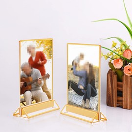 Acrylic Sign Holder Double Sided Menu Holder Vertical Stand Picture Frames Display Stand with Gold Border for Wedding Table Number, Restaurant Sign, Photo Display, 4" x 6" (1 Piece)