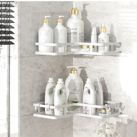 YGSIKY Shower Shelf No Drilling Corner, Pack of 2 Shower Shelves, Black Shower Basket, Rustproof Stainless Steel Corner Shelf, Shower, No Drilling with 4 Hooks, Shower Organiser for Bathroom and