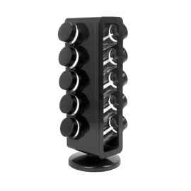Orii Black Plastic Spice Rack with 10 EMPTY jars and Black Plastic Lids and FREE Stainless Steel Funnel and Labels