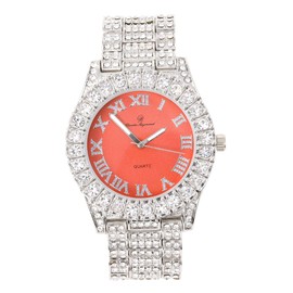 Charles Raymond Women's Big Rocks Bezel Colored Dial with Roman Numerals Fully Iced Out Watch - ST10327LA (Silver - Peach)
