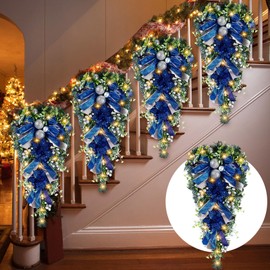 Lyrow 4 Pcs Cordless Prelit Christmas Artificial Swags 24" Xmas Stairway Swag Teardrop Trim with Timer Christmas Staircase Decoration Battery Operated Garland for Indoor Outdoor Railing Decor, Blue