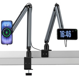 Smart Phone Stand, Arm Stand, Wireless Charger, 15 W, Rapid Charging, Magnetic, Aluminum, Six Movable Joints, Angle Adjustment, Wide Range of Motion, Foldable, For Both Beds and Desks, Saving Base