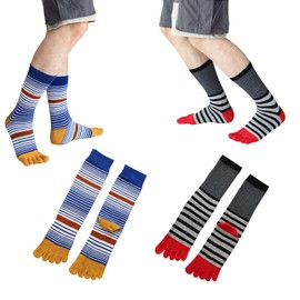 2 Pairs Cotton Toe Socks Five Finger Socks Winter Warm Long Calf High Athletic Casual Striped Seperated Socks for Men Boys