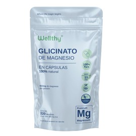 Wellthy Glicinato de Magnesio 220 Cápsulas 432mg. 100% Natural, Alta Absorción, Cápsulas Veganas, Bottle Free