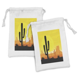 Ambesonne Saguaro Fabric Pouch Set of 2, Plants in Desert at Horizon Sunset Wild West American Cliffs Mexico View, Small Drawstring Bag for Toiletries Masks and Favors, 9" x 6", Yellow Orange Black