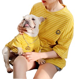 Matching Dog and Owner Clothes,Yellow Striped Dog Shirts for Small Dogs,100% Cotton Small Dog Shirt T-Shirt Girl Boy with Smiley Face,Family Matching Pajamas Shirts for Dogs Puppies Cats(Pet XL)