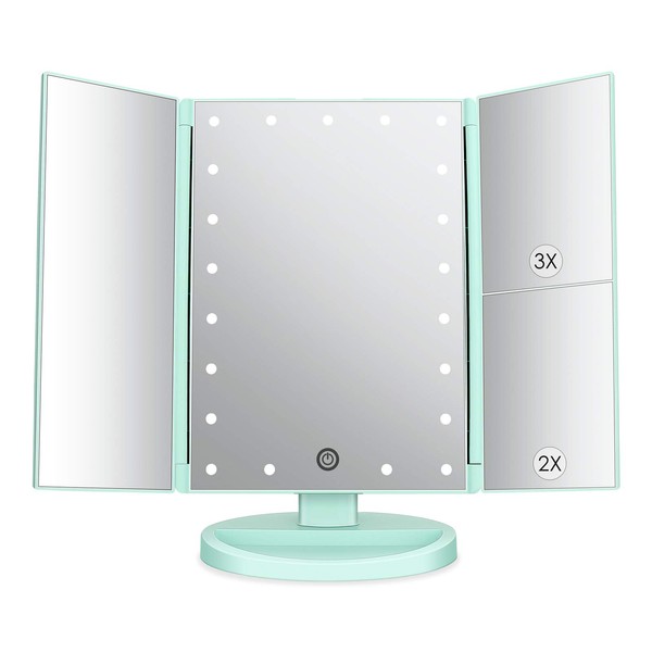 DEWEISN Tri-Fold Lighted Vanity Mirror with 21 LED Lights, Touch Screen and 3X/2X/1X Magnification, Two Power Supply Mode Make up Mirror,Travel Mirror (Green)