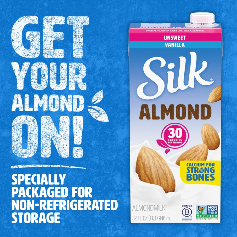 Silk Shelf-Stable Almond Milk, Unsweetened Vanilla, Dairy-Free, Vegan, Non-GMO Project