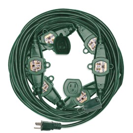 Iron Forge Cable 50 ft Heavy Duty Extension Cord with 7 Evenly Spaced Power Outlets, 14/3 Weatherproof Outdoor Extension Cord with Multiple Outlets for Outside, 15 AMP Green Power Cable 14 AWG