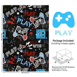 Geluode Video Game Wrapping Paper for Boys Kids Girls, 4 Sheets Gaming Gift Wrap Game Controllers Wrapping Paper Folded Flat 20 x 28 Inches Per Sheet for Birthday Game Party