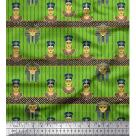 Soimoi Green Cotton Poplin Fabric Stripe & Egyptian Women Printed Fabric 1 Yard 42 Inch Wide