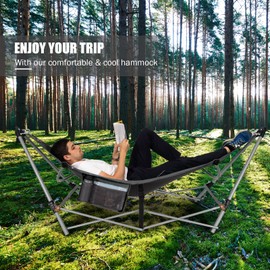 GLOBALWAY Portable Folding Hammock w/Side Pocket, Lounge Camping Bed w/Metal Stand & Anti-tip Buckles, Outdoor Camping Hammock with Carrying Bag for Patio Garden Yard, Easy Assembly (Grey)