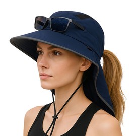 TOP-EX L/XL Sun Hat with Ponytail Hole for Women with Neck Protection Sunglass Lock Wide Brim Sun Hats Summer Fishing Waterproof Hats Gardening Hiking Packable Navy Blue Large