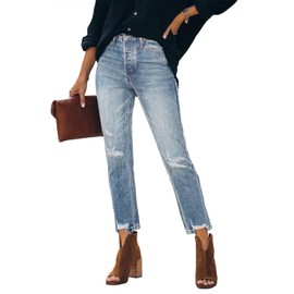 Lesore Womens Winter High Waist Washed Stretchy Ripped Distressed Jeans Destroyed Denim Straight Leg Capri Jeans Pants 29