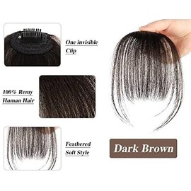 Clip in Hair Bangs Extensions for Women - Brown Black Clip on Fringe Real Hair Natural Flat Neat Bangs With Gradual Temples - One Piece Hairpiece for Party and Daily Wear